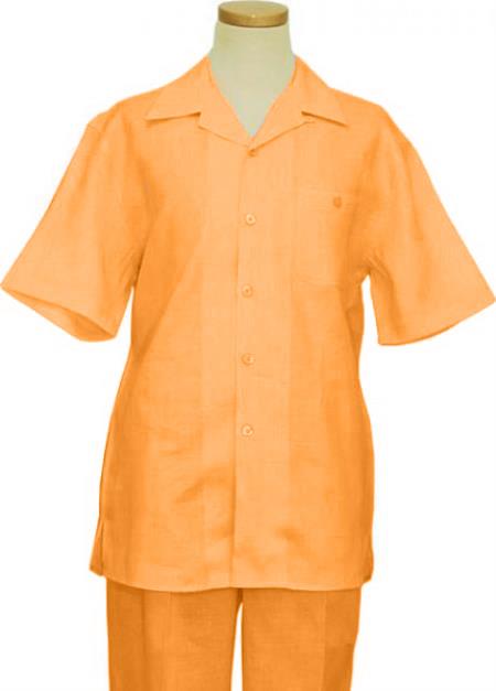  Linen Walking Suit Orange Pleated Pants- Casual Suits For Men - Mens Leisure Suit