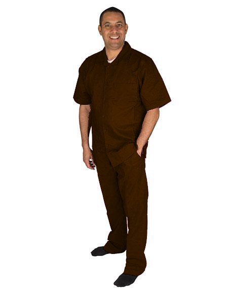  Button Closure 2 Piece One Chest Pocket Short Sleeve Pleated Pants Linen Walking Suit Brown- Casual Suits For Men - Mens Leisure Suit