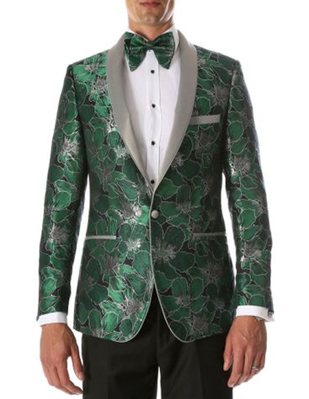 men's Green Shawl Lapel Floral Pattern Tuxedo