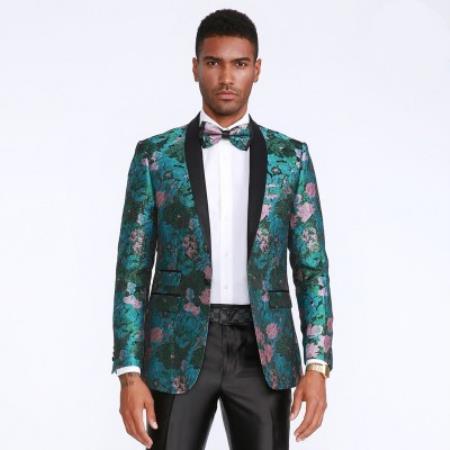 Green and Rose Tuxedo Jacket Floral Pattern Slim Fit Blazer