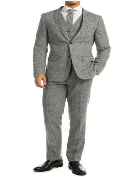 Men Dark Gray Tweed 3 Piece Herringbone Tuxedos Groom Wedding Prom Formal Suit 