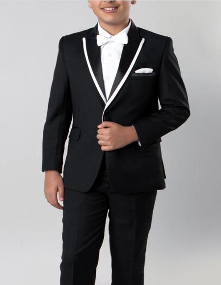  Black with White Trim 4 -Piece Set for Kids Teen Boys - Ring Bearer - Wedding - High Fashion Children Tuxedo 