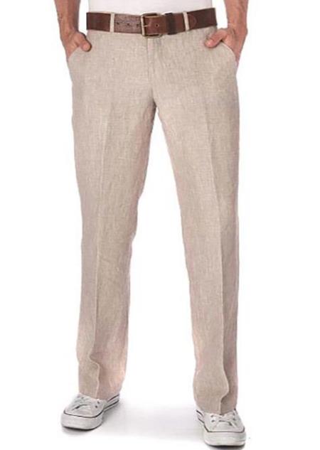  Flat Front Beige men's Linen Fabric Pants 
