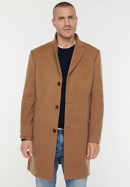  men's Three Button Notch Lapel Wool-Cashmere Toffee Topcoat