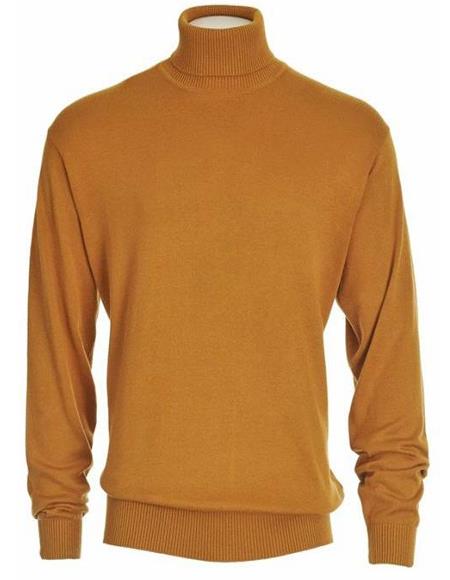 Mens Camel Cotton Blend Turtleneck Sweater Shirt