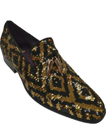 gold and black dress shoes