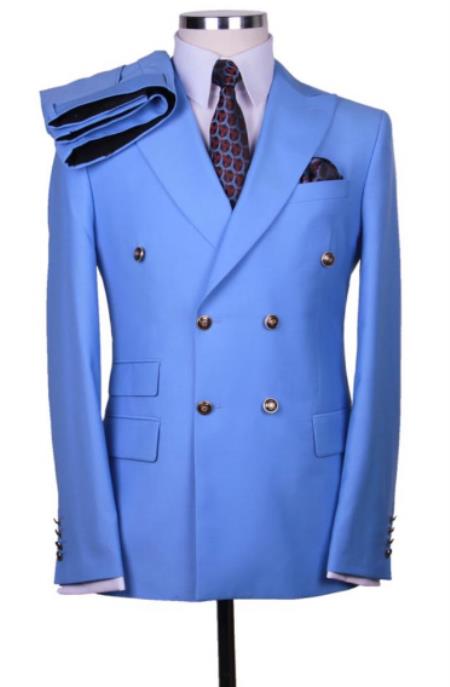 Slim Fitted Cut Mens Corn Flower Blue Double Breasted Blazers - 100% Wool Double Breasted Sport Coat