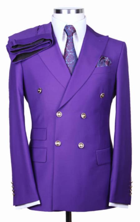Slim Fitted Cut Mens Double Breasted Blazer - %100 Wool Purple Double Breasted Sport Coat