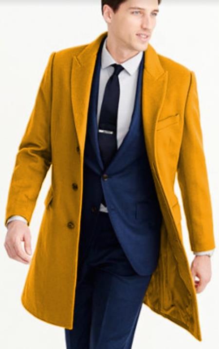 Mens Wool Carcoat - Gold Three Quarter Peak Lapel Topcoat