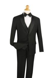  Two Button Boy's 5 Piece Prom ~ Wedding Groomsmen Tuxedo Pleated creased Pant,Shirt And Bow Tie Notch Collared Dark color black Toddler Suits for Weddings