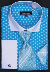  Avanti Uomo Turquoise Polka Dot Two Tone Design Cotton Cheap Fashion Clearance Shirt Sale Online For Men / Tie / Hanky Combo With Free Cufflinks 