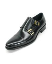  Fashionable Black Calfskin Double Buckles Slip On Stylish Dress Loafer Carrucci men's Prom Shoe