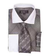  Mini Plaid/Checks French Cuff Dark color black Dress Cheap Fashion Clearance Shirt Sale Online For Men With Tie And Handkerchief