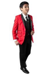 Boys Two Button Red Tuxedo Suits 5 Piece Vest,Shirt,Tie And Hanker