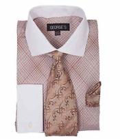  Coco Chocolate brown French Cuff Mini Plaid/Checks Dress Cheap Fashion Clearance Shirt Sale Online For Men With Tie And Handkerchief