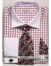  18 19 20 21 22 Inch Neck Two Tone French Cuff Wedding Burgundy Prom Checked Pattern Dress Shirt White Collar