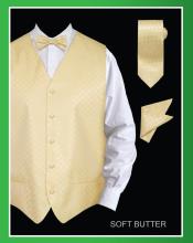 Men's Neck Ties - Mens Dress Tie - Trendy Mens Ties 4 Piece Groomsmen Wedding Vest ~ Waistcoat ~ Waist coat For Groom and Groomsmen Combo (Bow Groomsmen Ties ,Hanky) - Chessboard Checkered Soft Butter 