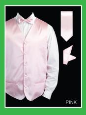 Men's Neck Ties - Mens Dress Tie - Trendy Mens Ties 4 Piece Groomsmen Wedding Vest ~ Waistcoat ~ Waist coat For Groom and Groomsmen Combo (Bow Groomsmen Ties, Hanky) - Satin Pink 