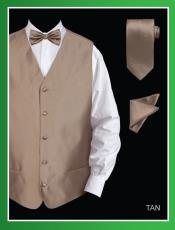  4 Piece Groomsmen Wedding Vest ~ Waistcoat ~ Waist coat For Groom and Groomsmen Combo (Bow Tie, Neck Tie, Hanky) - Twill patterned Tan ~ Beige 