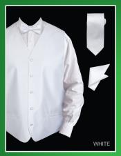  4 Piece Groomsmen Wedding Vest ~ Waistcoat ~ Waist coat For Groom and Groomsmen Combo (Bow Tie, Neck Tie, Hanky) - Twill patterned White 
