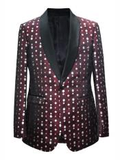  1 Button Floral ~ Flower Polka Dot Pattern Design Shawl Lapel Burgundy Sport Coat Blazer