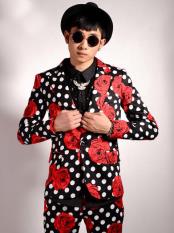  Flower/Polka Dot Black and Christmas Party Slim Suit Jacket - Red Blazer For Men 