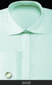  French Cuff Dress Cheap Fashion Clearance Groomsmen Shirts  Sale Online For Men with Cuff Links - Basic Solid Plain Pleated creased Collar Mint ~ Sage 