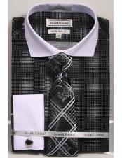  Slim Fit Black Woven Design White Collared French Cuffed Dress Cheap Fashion Clearance Shirt Sale Online For Men