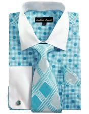  White Collared French Cuffed Blue Dress Cheap Fashion Clearance Shirt Sale Online For Men & Tie Set