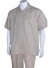  Khaki 100% Polyester 5 Button Casual Short Sleeve Walking Suits- Casual Suits For Men - Mens Leisure Suit