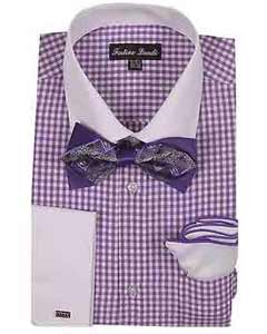  Checks Design Dress Cheap Fashion Clearance Shirt Sale Online Men Hanky Lavender Gingham Shirt - Checker Pattern - French Cuff - White Collared + Free Bowtie