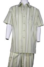  Lemongrass Stripe Point Collar Short Sleeve Walking Suit