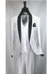  3 Piece One Button Shawl Collared White & Off White Wedding Suits For Men For Sale Jacket With Dark Color Black Satin Trim Collar 