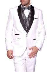  men's Two Toned Lapel 3-Piece Capri Flat Front White Tuxedo Suit 