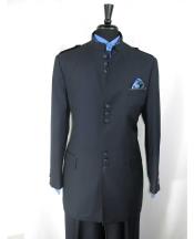 Online Indian Wedding Outfits ~ Mandarin ~ Nehru Collar Jacket Collarless Style With 9 Button Closure Suit navy blue colored 