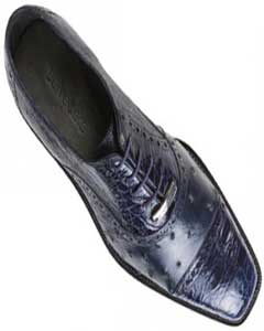  Authentic Belvedere Shoes - men's exotic shoes Cap toe Lace UP Oxford Style II Navy Genuine Ostrich / crocodile skin ~ Gator skin Cheap Priced Exotic Skin Cheap Priced Exotic Skin Shoes For Sale For Men