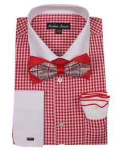 Checks Cheap Fashion Clearance Shirt Sale Online For Men red pastel color French Cuff With White Collared Contrast High Fashion Bowtie And Handkerchief