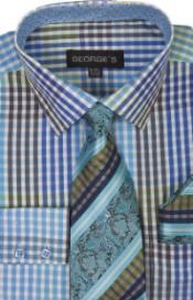 George's 60% Cotton 40% Man Made Fiberster Checkered Cheap Fashion Clearance Shirt Sale Online For Men Tie and Handkerchief Aqua Mens Turquoise Dress Shirt