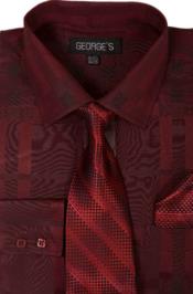  Cotton Geometric Pattern Dress Cheap Fashion Clearance Shirt Sale Online For Men with Tie and Handkerchief Burgundy 