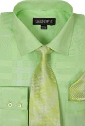  Cotton Geometric Pattern Dress Cheap Fashion Clearance Shirt Sale Online For Men with Tie and Handkerchief Lime kelly green 
