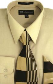  Milano Moda Classic Cotton Dress Cheap Fashion Clearance Shirt Sale Online For Men with Ties and Handkerchiefs Sand 