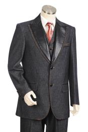 Mens ILCanto Black Denim Vegan Faux Leather Trim Trending 3Pc Vested Casual Suit 