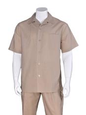  Plain Khaki Short Sleeve Linen For Beach Wedding outfit Casual Walking Suit Pleated Pant