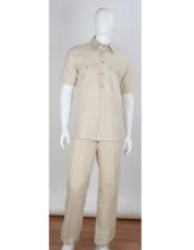  2 Piece Natural Stripe Accent Shirt Short Sleeve Double Chest Pockets Linen For Beach Wed