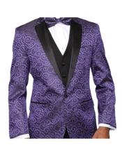 3 ~ Three Piece Two Toned 2020 New Formal Style! Black and Purple Two toned Paisley Sequin Glitter Prom Outfit Wedding Groomsmen Patterned Tuxedo Suit + Pants Vested + Black Lapel