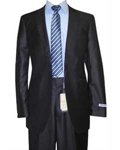  Single Buttons Peak Collared Navy Sharkskin Wool fabric & Silk Blend Flat Front Fitted Suit 