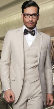  Two buttons Vested 3 Piece Suits Slim Fitted Cut Skinny Collared Wool fabric Suit Tan ~ Beige 