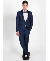  1 Button navy blue suit wedding Slim Fit Navy Blue Wedding / Prom Tuxedo / Graduation Homecoming Outfits with Black Shawl Lapel