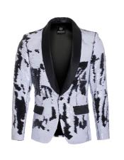  1 Button High Fashion Sequin Glitter White ~ Black Double Vents Best Cheap Blazer ~ Suit Jacket For Affordable Cheap Priced Unique Fancy For Men Available Big Sizes on sale Men Affordable Sport Coats Sale