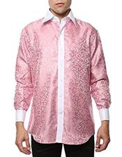 Two Toned Pink-White Shiny Satin Floral ~ Flower Spread Collar Paisley Dress Cheap Fashion Clearance Shirt Sale Online For Men Flashy Stage